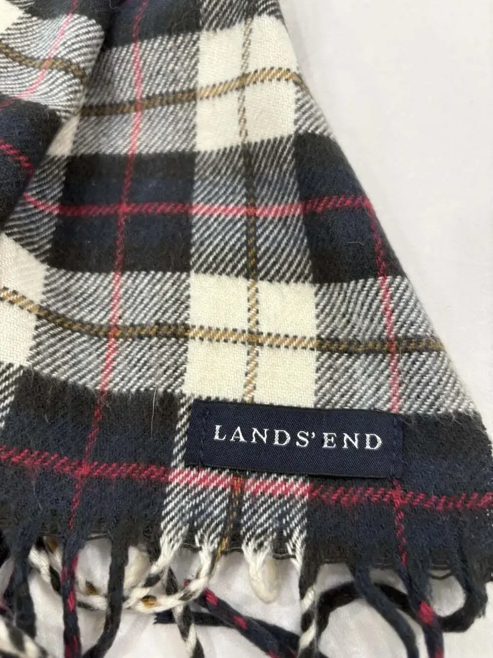 Lands' End Women's Soft Warm Scarf Blue Beige Pink Plaid Fringe 72